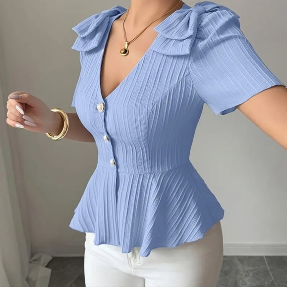 3/$30 Darling Dusty Blur Blouse With Bows - Picture 3 of 5